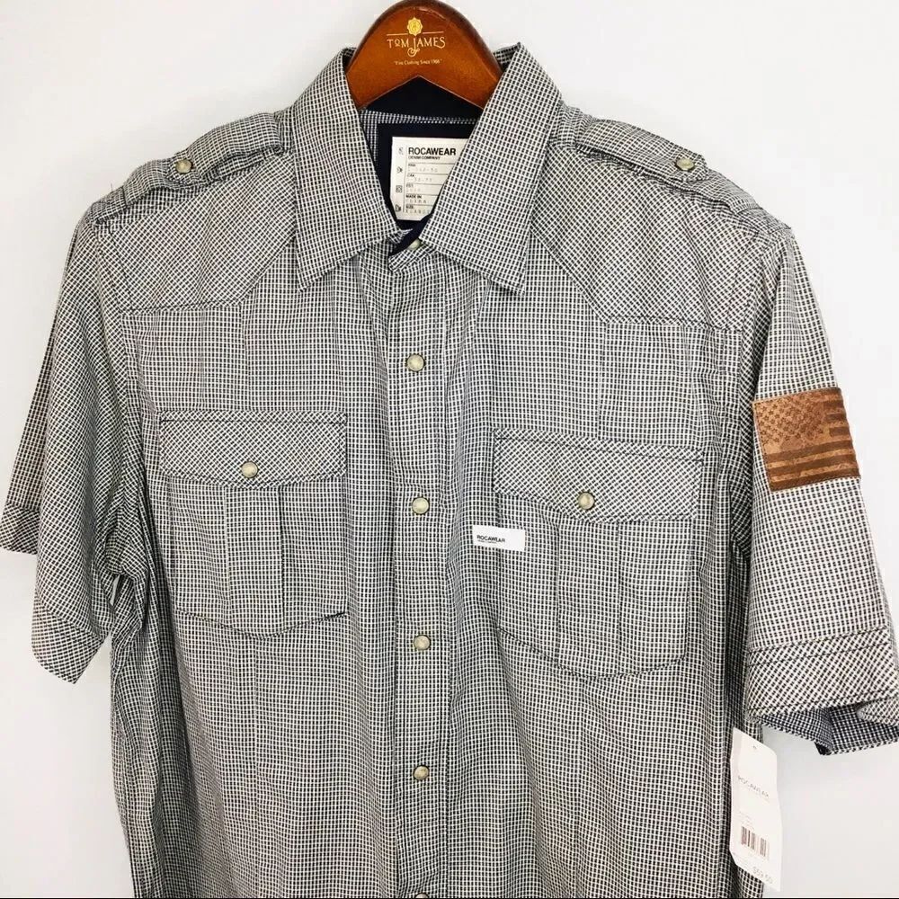 Rocawear Button Down Shirt Leather America Flag Micro Plaid Blue Green XL 2011